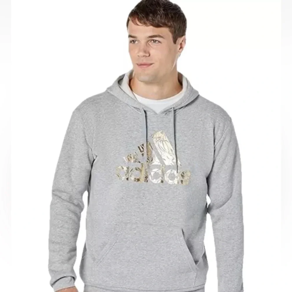 Adidas Pullover Hoodie Men Sz M Gray Sweatshirt Gold Liquid Foil